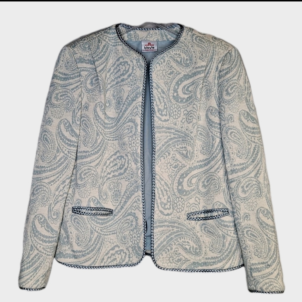 Bleyle Classic Vintage Blue Paisley Contrast Trim Wool Knit Open Front Jacket